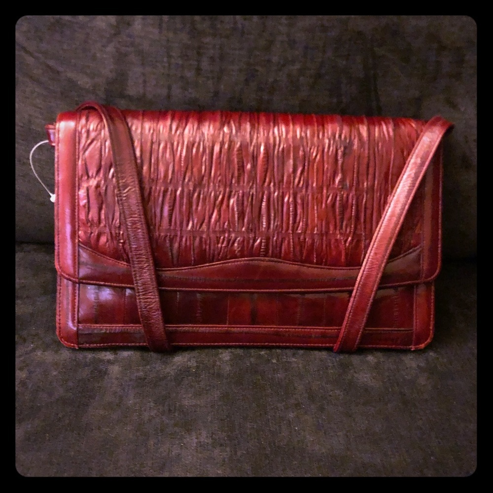Vintage Eel Skin Leather Shoulder Bag | Cherry Brown Statement Purse - Picture 2 of 8